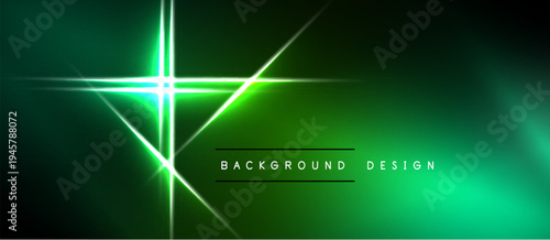 Dark green background features bright neon lines forming abstract starburst pattern. Minimalist design with text elements present.