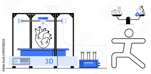 3D printing in healthcare. A 3D printer creating artificial organs highlights advanced medical technologies. 3D printing impacts biomedicine, surgery, training, and organ transplantation. Great