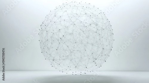 Spherical network of interconnected lines and points against a plain white background