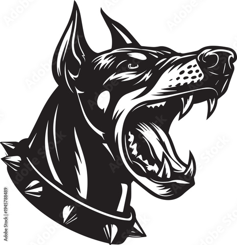 Roaring Doberman Dog Head Aggressive Guard Dog Mascot Black and White Vector Illustration