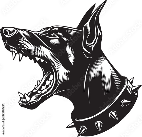 Roaring Doberman Dog Head Aggressive Guard Dog Mascot Black and White Vector Illustration