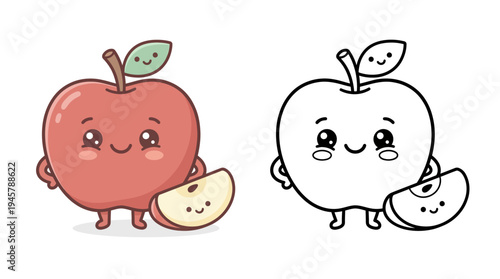 Adorable cartoon apple character with a cute smiling face and cheerful expression alongside a slice in playful style