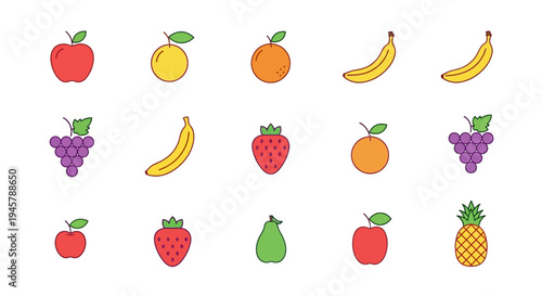 Colorful cartoon fruit illustrations depicting a variety of fresh and healthy food elements