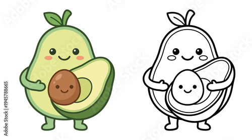 Adorable cartoon avocado character with a smiling face holding an avocado seed and a halved avocado creating a playful and