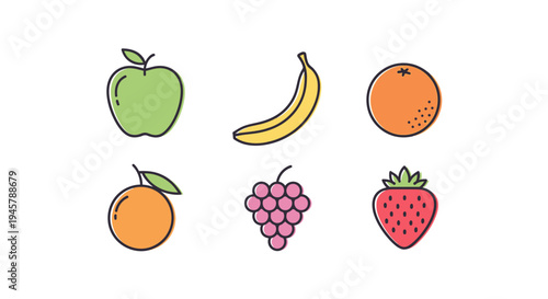 Colorful illustrated assortment of fruits including apple, banana, orange, grape and strawberry