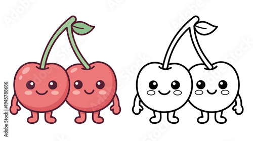 Adorable pair of cheerful cherries with playful expressions in vibrant and monochrome styles showcasing cute fruit character