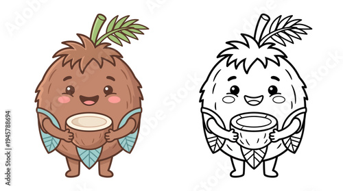 Adorable cartoon coconut character with facial features and leaves, holding a bowl in a cute and cheerful style for children or