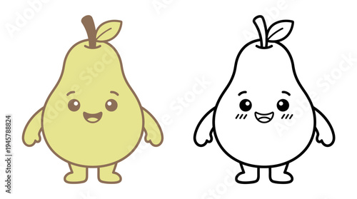 Adorable anthropomorphic pear characters in colorful and black-and-white styles a fun culinary-inspired cartoon illustration