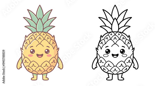 Adorable cartoon pineapple character with cheerful face and playful arms against a plain background