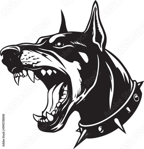 Roaring Doberman Dog Head Aggressive Guard Dog Mascot Black and White Vector Illustration