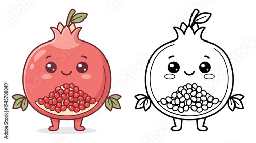 Adorable cartoon pomegranate character with cheerful facial expressions and playful leaves on a white background