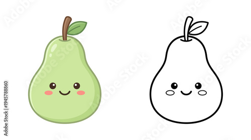 Adorable cartoon pear with expressive face and cheerful demeanor in vibrant colors and clean design for children?s illustrations