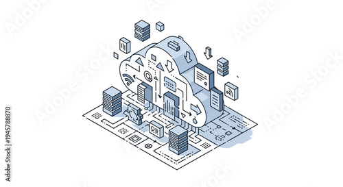 Conceptual illustration depicting cloud computing and data infrastructure with digital elements