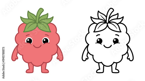 Adorable cartoon raspberry character with a leafy crown and cheerful expression in colorful and outline design