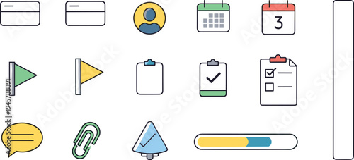 User interface elements icon set with calendar, profile avatar, clipboard checklist, progress bar, attachment clip, notification bell and chat message symbols