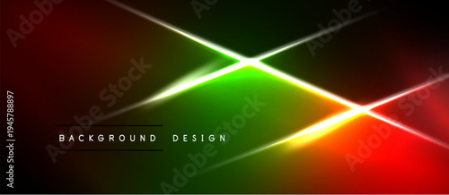 Vibrant abstract background. Diagonal lines intersect creating bright light effects. Red, green, yellow hues dominate dark space. Modern design element.
