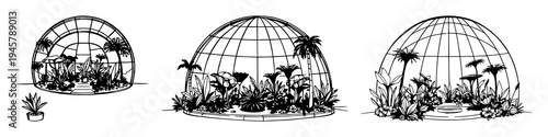 Sketchbook set with futuristic botanical garden under a dome featuring black ink, white background, concept art with illustration and line art
