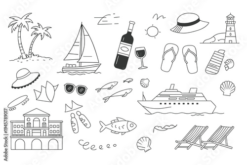 Summer Vacation Icons Collection: Beach Cruise and Relaxation Elements