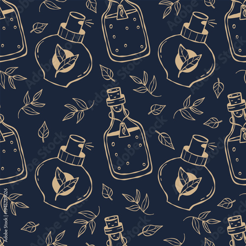 Perfumery and Midnight Apothecary Seamless Pattern. Line Art Organic luxury Cosmetics with Fragrance Perfume Bottles, Essential Oils and Leaves on Dark Blue Background. Outline Vector illustration