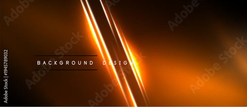 Abstract orange background features bright neon lines. Gradient effect creates dynamic visual impact. Minimalist design suitable for digital projects.