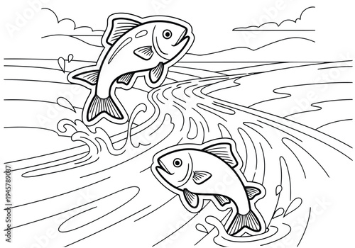 Two fish leaping out of water in a serene aquatic scene