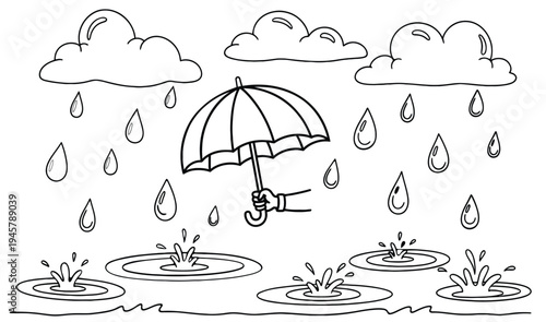 A person holding an umbrella during a light rain with puddles forming on the ground