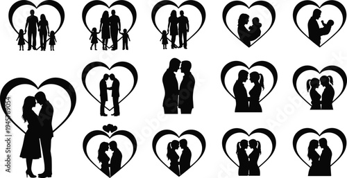 Collection of family silhouettes, romantic couples in love, and parents with children framed inside heart shapes for Valentine Day and wedding.