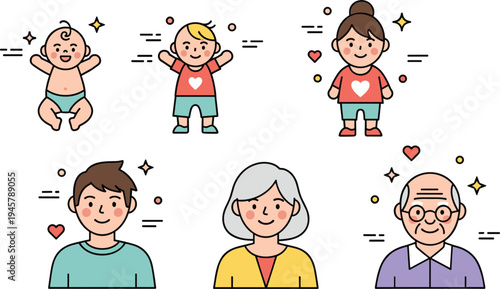 Human Life Stages Cartoon Vector Illustration with Baby, Child, Adult, and Elderly Characters Showing Aging Process and Family Generations