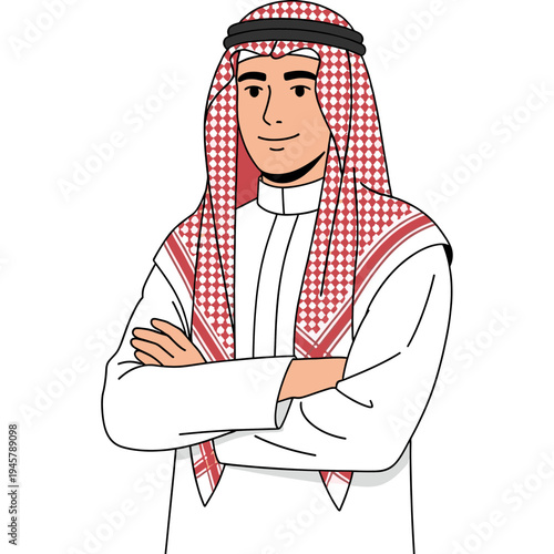 A man wearing a traditional Saudi Arabian outfit with a red and white headscarf stands confidently with arms crossed.