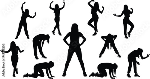 Black Silhouette Vector Set of Young Women Dancing Exercising and Posing in Various Active Stances Isolated on a White Background