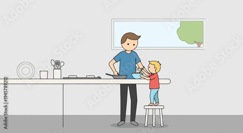 Father and Son Cooking Together in a Modern Kitchen Setting Preparing Food for Mealtime Shared Moments Cooking Activities