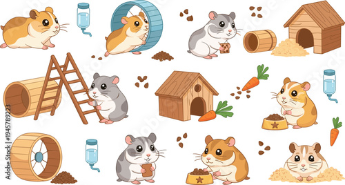 Cute Hamster Pet Vector Set with Different Cartoon Hamsters Playing Eating and Running in Wheel with Cage Accessories and Small Animal Care Elements