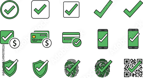 Verification checkmark icon set with approved symbol, secure payment, mobile confirmation, shield protection, fingerprint authentication and QR code validation vector