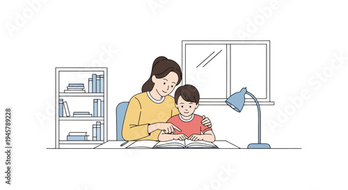 Mother assisting son with reading at desk by window in minimalist interior space learning and education theme family lifestyle togetherness