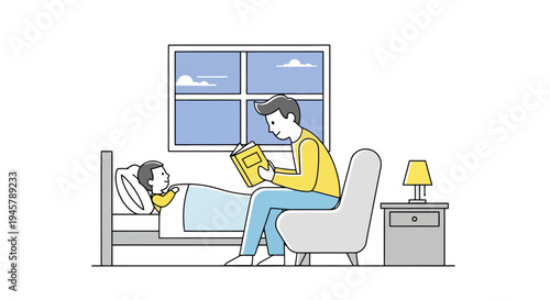 Father reading bedtime story to child in bedroom with window Parent sits in chair near a table with lamp sharing words from a book Domestic life