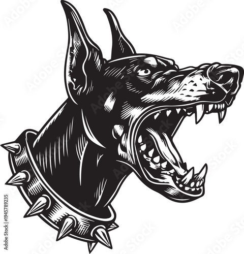 Roaring Doberman Dog Head Aggressive Guard Dog Mascot Black and White Vector Illustration