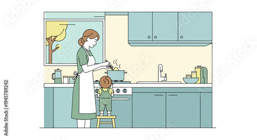 Woman cooking with child in kitchen preparing food at home near a window Domestic life scene with cabinets stove and tea set