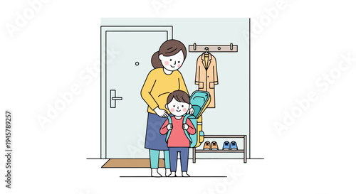 A mother assists her child with a backpack near an entryway preparing to leave the home for the start of the school day with shoes and clothing