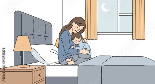 A mother comforting her child on a bed in a bedroom The scene includes a window showing a night sky with a moon and a bedside lamp