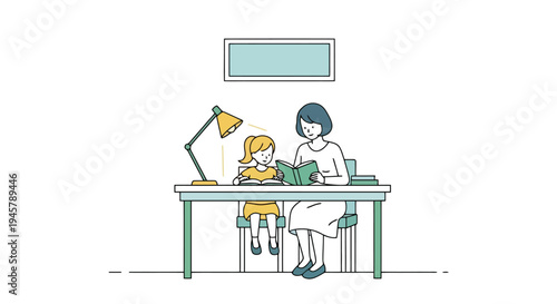 Woman assists child with reading at a desk illuminated by a lamp indoors a simple home setting learning about literature and education