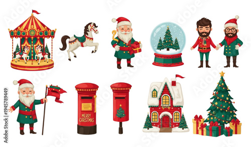 Stylized Vintage Christmas Holiday Vector Art with Carousel and Snow Globe