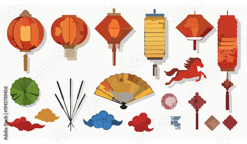 Stylized Lunar New Year Vector Illustration Set with Lanterns and Zodiac Horse