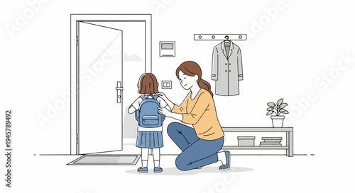 A mother helps her daughter prepare to leave for school adjusting her backpack straps near an open doorway Daily life concept