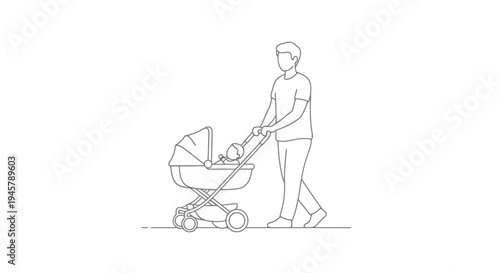 Father pushing baby carriage along the road stroll with infant in pram parenting activity daily lifestyle outdoor recreation family time walk