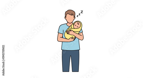 Father holding a peacefully sleeping newborn baby wrapped in a yellow blanket against a plain background representing parenthood and tender care