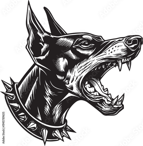 Roaring Doberman Dog Head Aggressive Guard Dog Mascot Black and White Vector Illustration