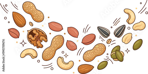 Mixed Nuts and Seeds Cartoon Vector Illustration with Almonds, Cashews, Peanuts, Walnuts, Sunflower and Pumpkin Seeds Healthy Snack Food