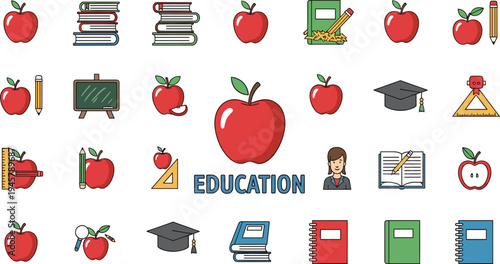 Collection of fifteen colorful education icon illustrations with books, pencils, graduation cap and apple for school vector design projects