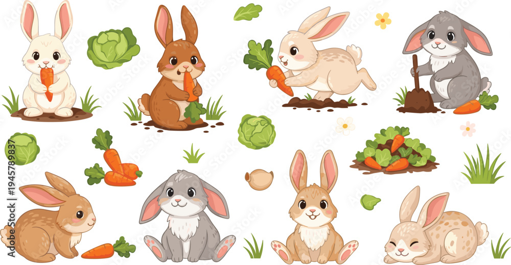 Obraz premium Cute Rabbit Cartoon Vector Set with Different Bunny Characters Eating Carrots Sitting Running and Playing with Garden Vegetables and Nature Elements