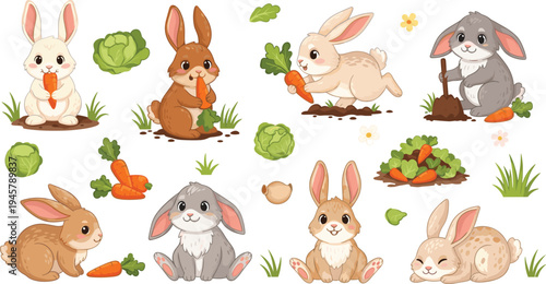 Cute Rabbit Cartoon Vector Set with Different Bunny Characters Eating Carrots Sitting Running and Playing with Garden Vegetables and Nature Elements
